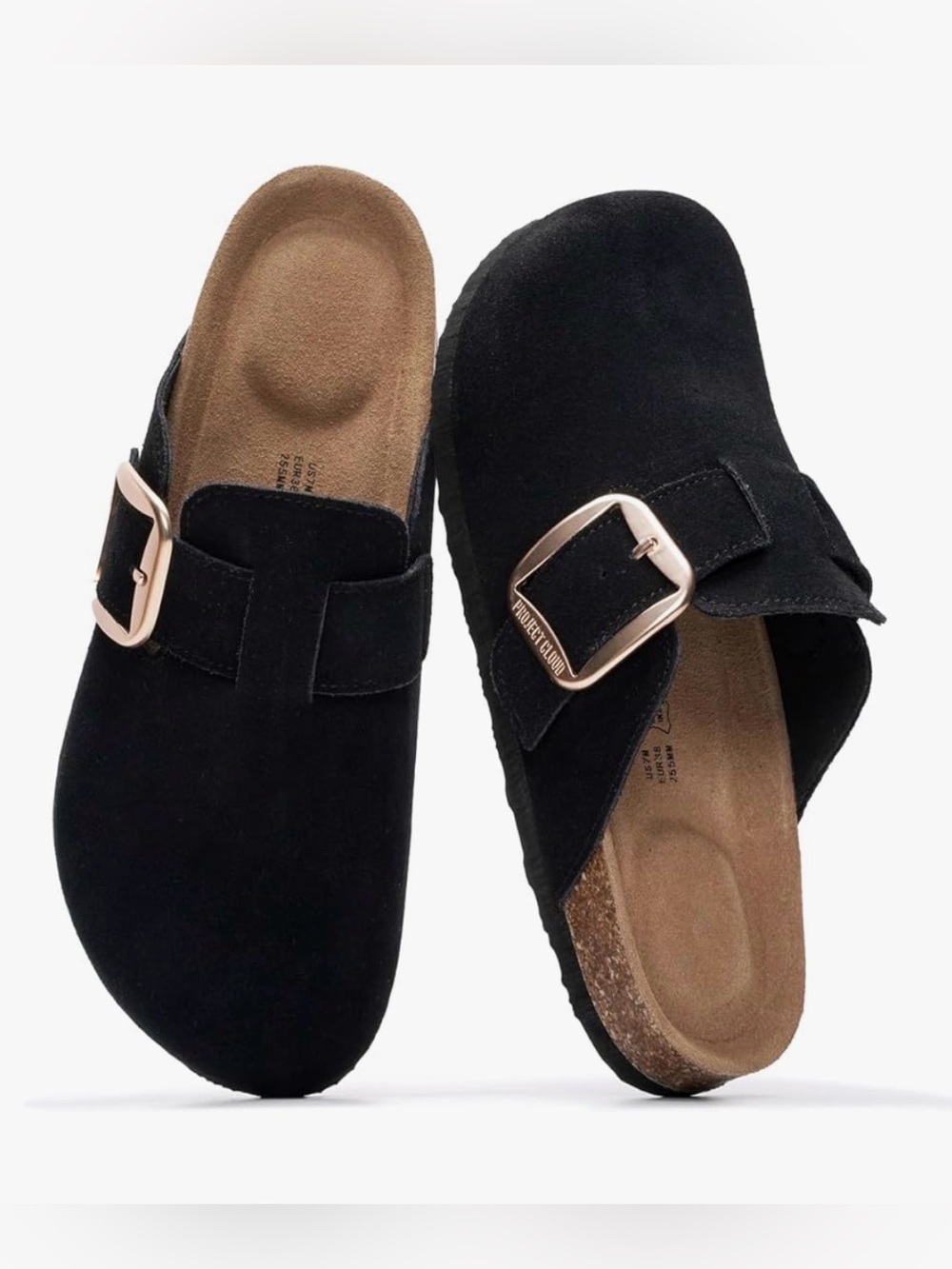 Women’s Black Suede Clog - Rose Gold Buckle - Project Cloud